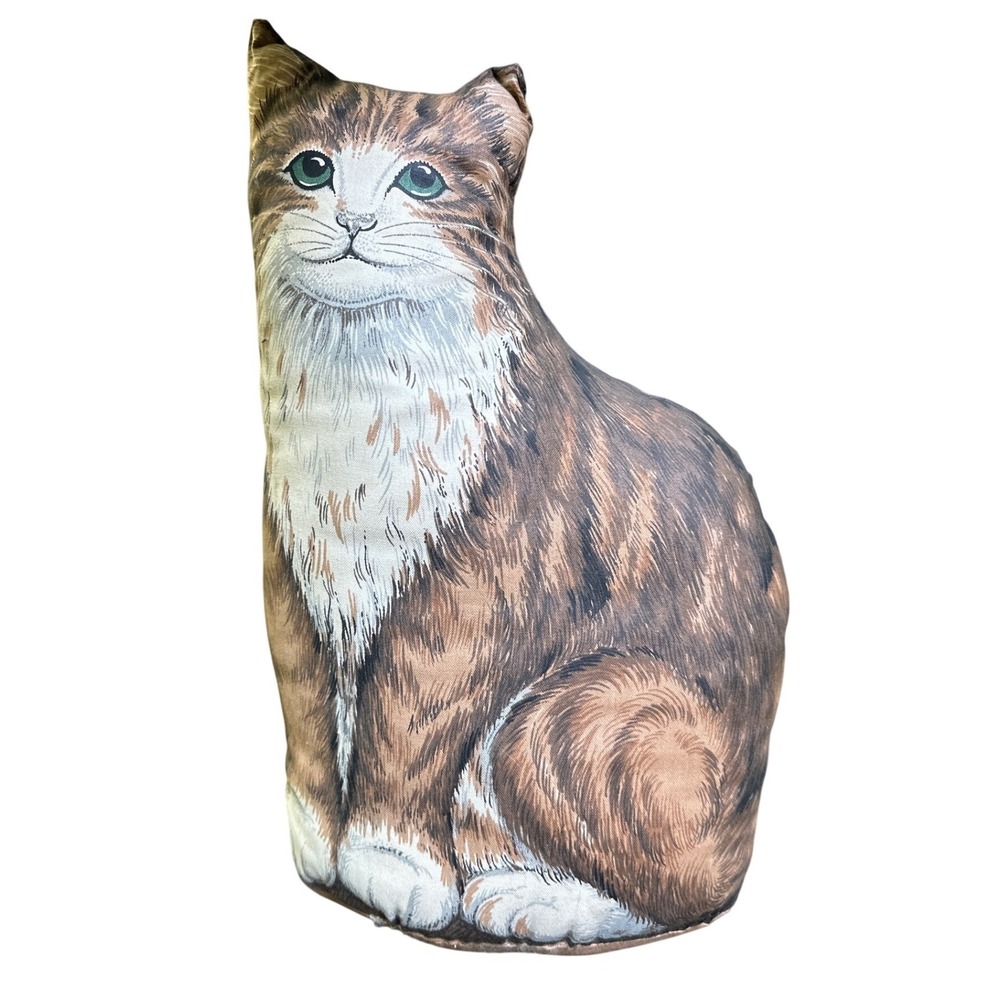 Vintage Screen Printed Tabby Cat Fabric Pillow Doorstop Brown White 13.5 Inch